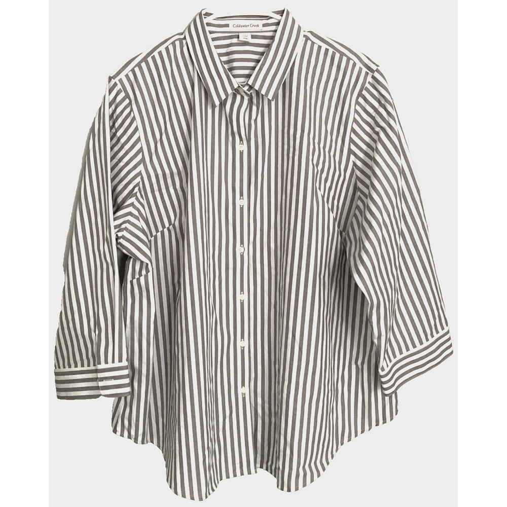Coldwater Creek Shirt Womens 24W Gray White Stripe Button Front 3/4 Sleeve EUC